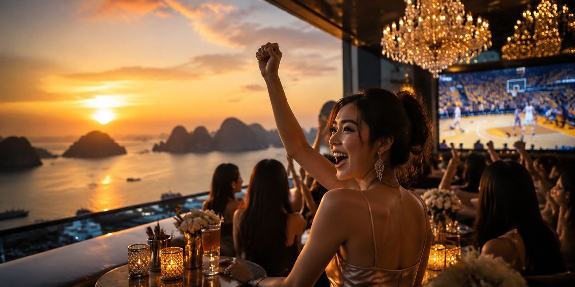 Người dùng xem kèo bóng rổ và kiểm tra voucher 265kf tại vịnh Hạ Long ban đêm